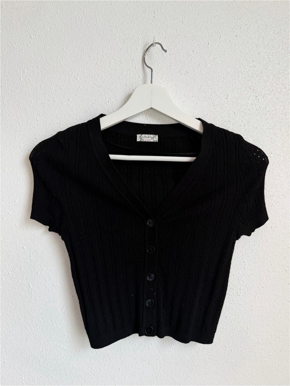 Free People Black Ribbed Short Sleeve Cardigan